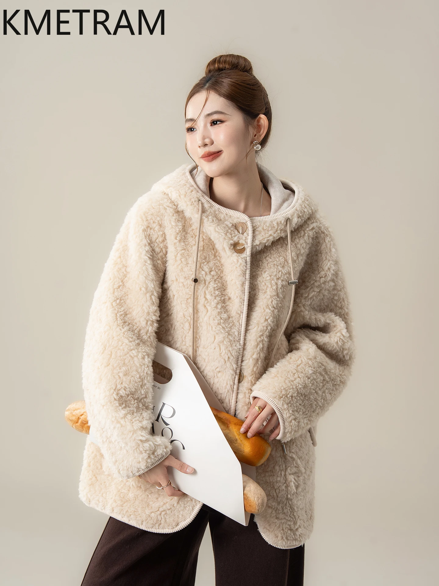 KMETRAM 100% Natural Wool Relaxed Style Warm and Protective Fur Hooded Coat for Women Autumn and Winter 2025 шуба женская