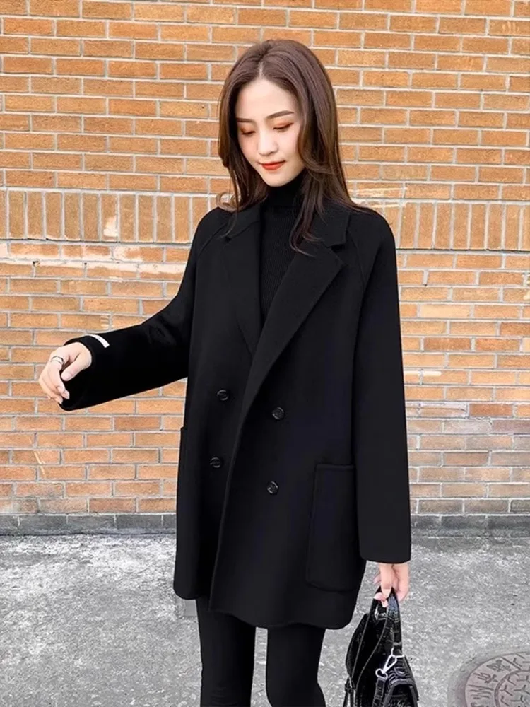 UNXX Black Blazer-style Wool Coat for Women Female Office Lady, Spring/Autumn, Plus-size Loose Hepburn-style High-end Wool Coat