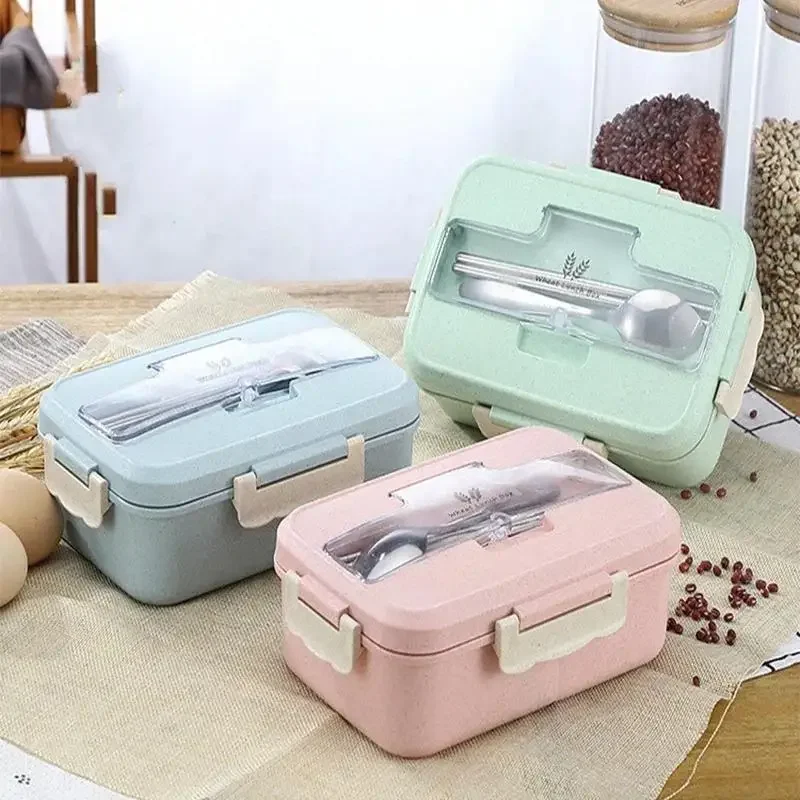 1 set Microwave Lunch Box Wheat Straw Dinnerware Food Storage Container Children Kids School Office Portable Bento Box Lunch Bag