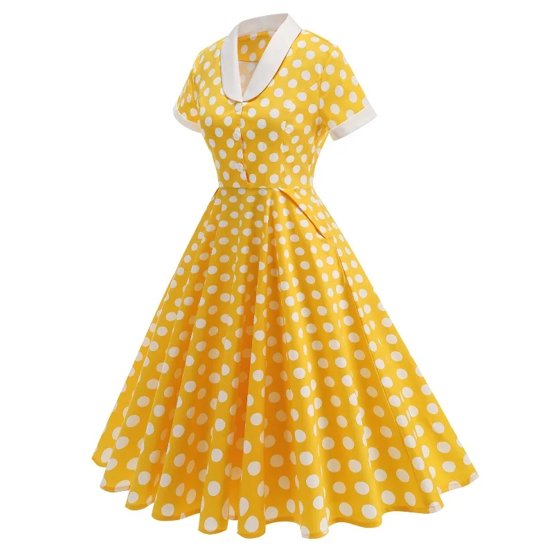 Hepburn Style Retro Spring Outing Court Waist Light Dress Big Pendulum Medium and Long Dress Women