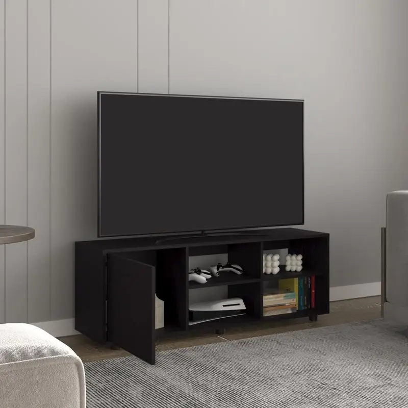 51" Wide TV Stand with 1 Door Cabinet, 4 Open Shelves, Cable Management for Living Room and TV Room - Black