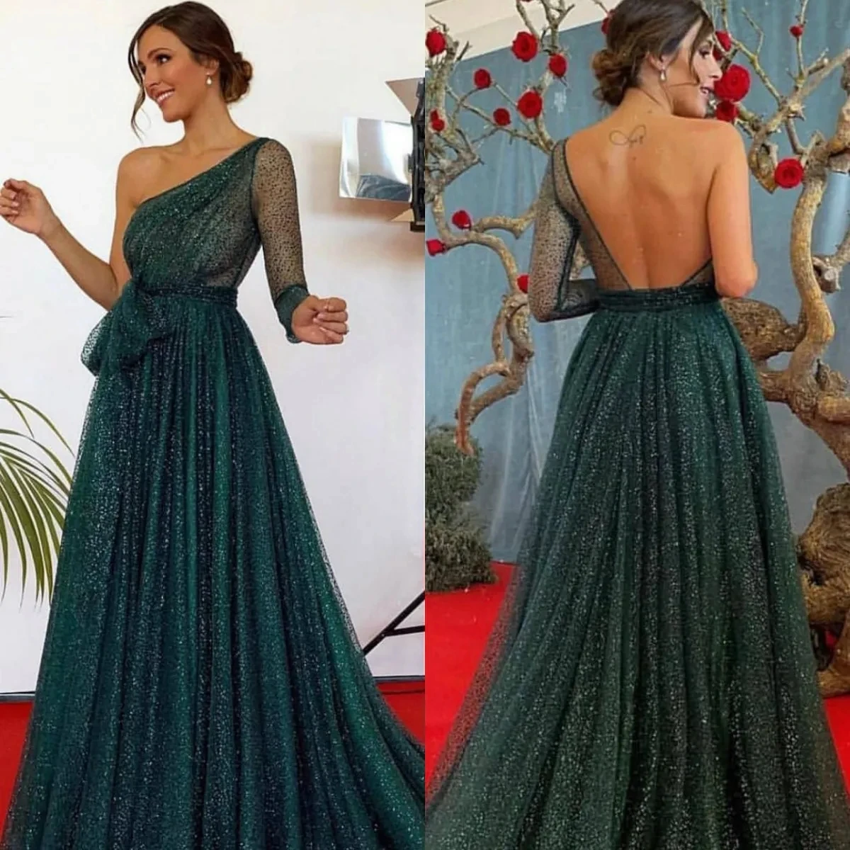 

Charming Hunter Green Prom Dresses One Shoulder Long Sleeve Sequined Tulle Backless Evening Party Gowns Robe De Soriee