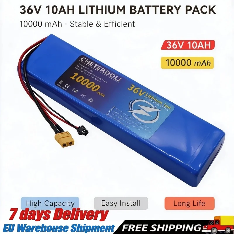 Wiederaufladbarer 36V 10Ah Li-Ionen-Akku mit 18650-Zellen, integriertem 20A BMS-Schutzschaltkreis, sicherer Ersatz-Akku, passend für 250W bis 750W Roller-Ersatzteile