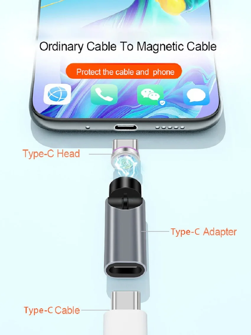 540° degree rotating magnetic wire fast charging adapter for 3A mobile phone accessories  Type-C data cable connector