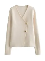 HH TRAF-Chaqueta de punto con cuello en V para mujer, Top informal holgado de manga larga con botonadura única, color Beige, 2024
