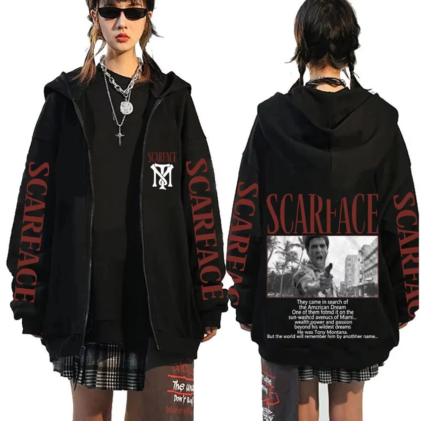 العصابات فيلم سكارفيس قلنسوة بسحاب ريترو توني مونتانا آل باتشينو الرجال الخريف الشتاء الملابس خمر المتضخم زمم هوديس #1