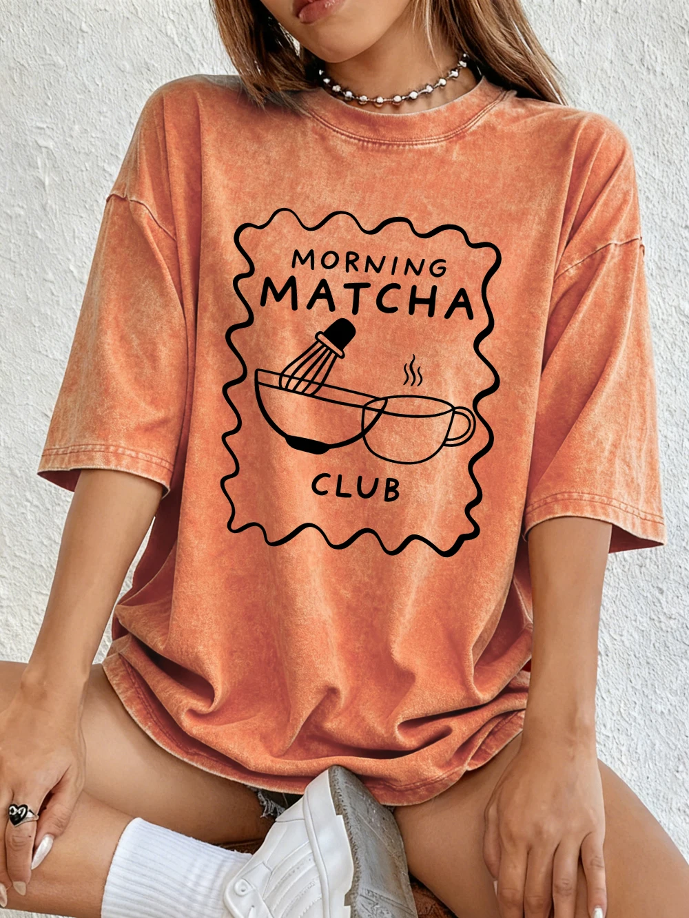 Morning Matcha Club Printed Washed T-Shirts Womens Cotton Short Sleeve Tops Street O-Neck Oversize T Shirts Summer Soft Clothes