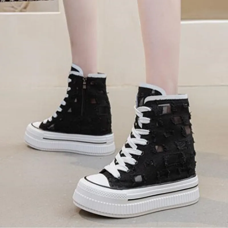 13cm New 2026 Height Increase Women's High Top Canvas Shoes Design with Buckle and Zipper Simple Women's Sneakers Casual Shoes
