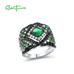 SANTUZZA 925 Sterling Silver Solitaire Ring For Women Sparkling Green And Black Spinel White CZ Charming Fine Fashion Jewelry