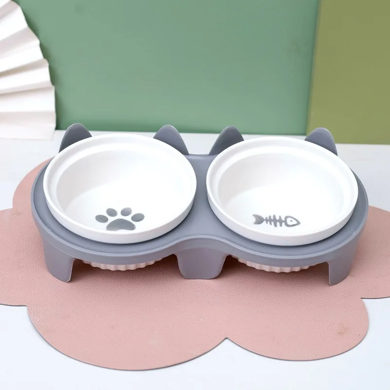 Cat bowl ceramic double bowl water bowl protection cervical spine cat food bowl drinking water bowl pet bowl pet supplies