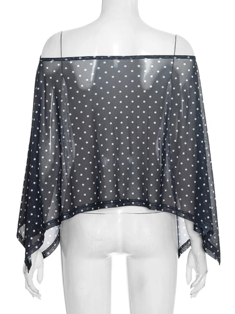FDYOUI Camicette eleganti sexy con stampa a pois Top per donna 2025 Autunno Lady con spalle scoperte Copricostumi neri irregolari trasparenti