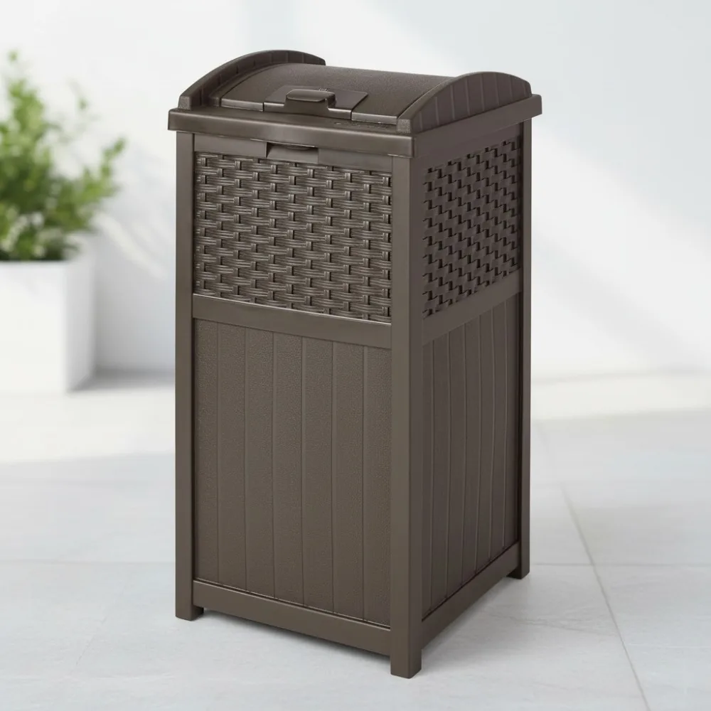 

33 Gallon Outdoor Trash Can with Lid, Wicker-Style Design for Garage Backyard Garden, Durable Resin Construction