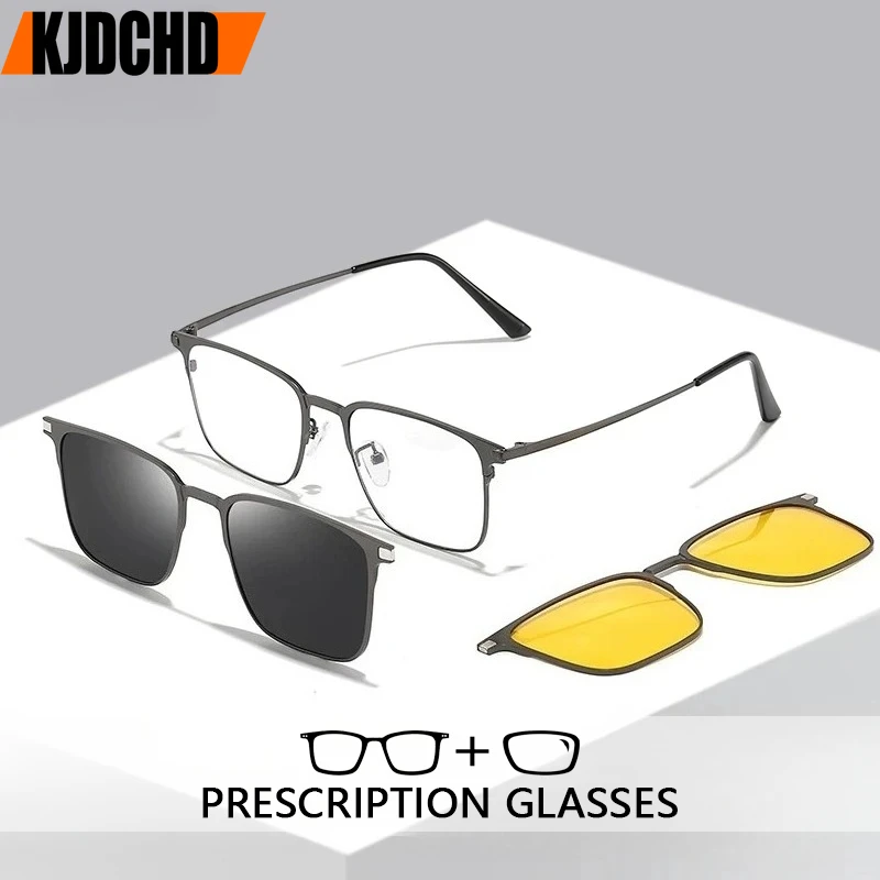 KJDCHD Titanium 3 In 1 Magnet Clip Optical Myopia Glasses For Men Polarized Sunglasses Hyperopia Prescription Reading Glasses