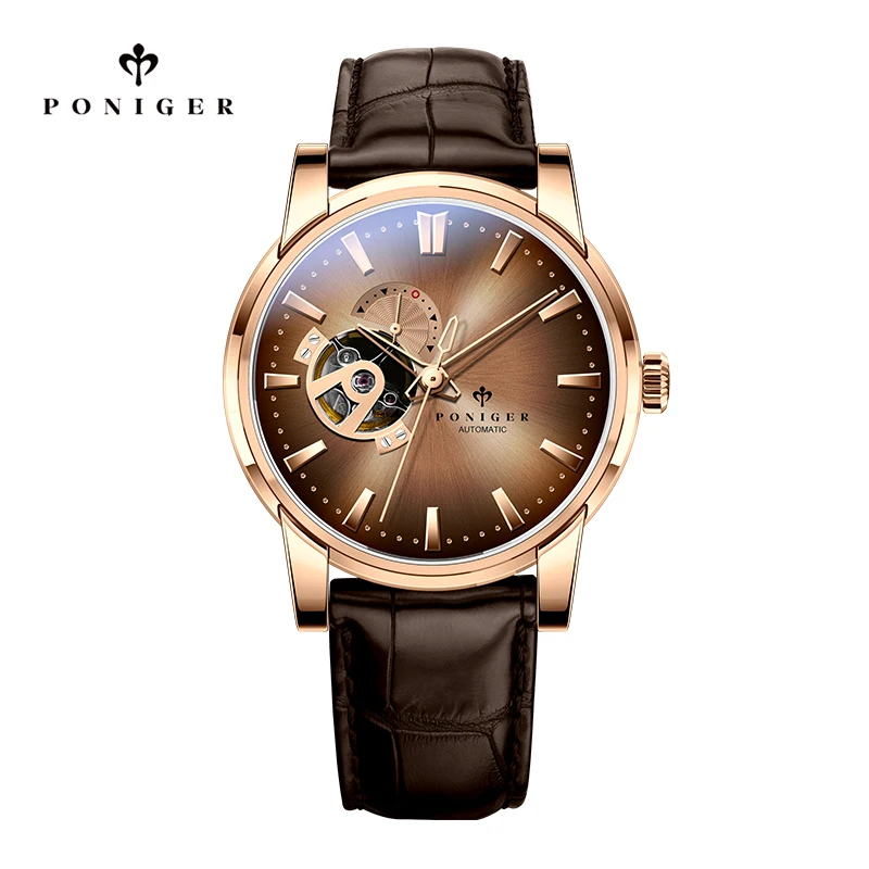 Poniger Mens Watches Mechanical Automatic Waterproof Wrist Male Dress Fashion Luxury Stainless Steel/Leather Strap (Gold-Brown-B