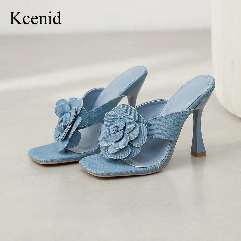 

Kcenid Sexy Square Head Design Flower Denim High Heels Slippers Summer Flip Flops Open Toe Pumps Women Sandals Party Dress Shoes