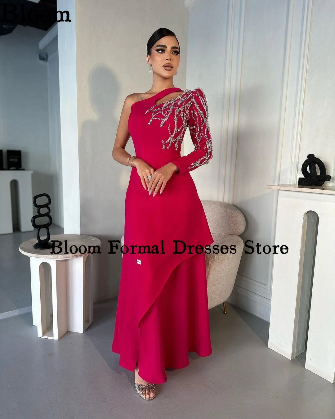 Bloom One-Shoulder Handbeadings Prom Dresses Long Sleeve Cut-out Evening Dresses Wedding Party Dress 2024 vestidos de gala