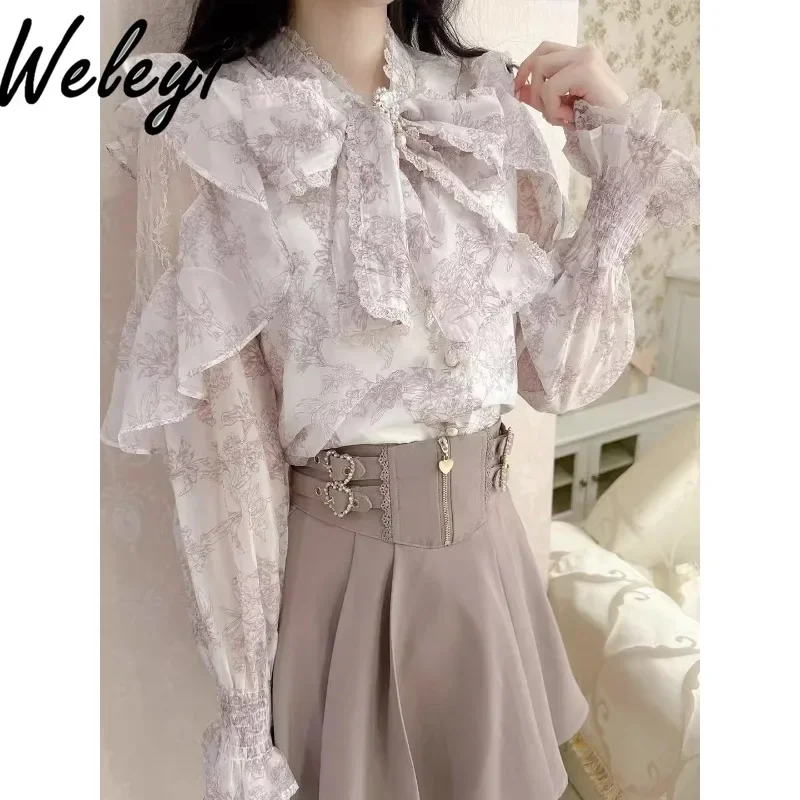 French Retro Lolita Shirts Korean Fashion Ropa De Mujer 2024 Autumn New Stand Up Collar Ruffle Edge Printed Poleras Big Bow Tops