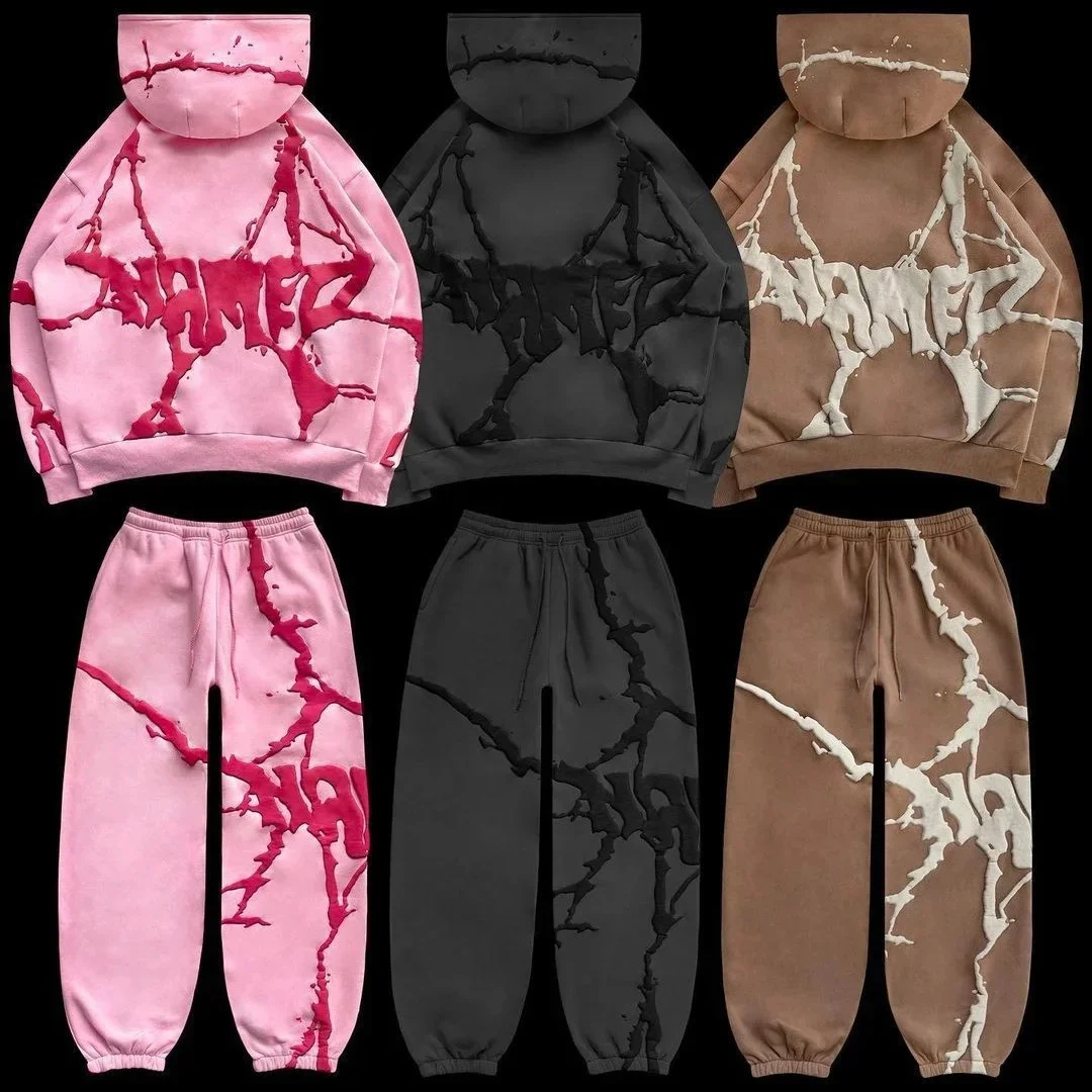 Y2k Women Winter Aesthetic Print Zip Up Hoodies Sweatshirts Men Jacket Rock Oversized Two Piece Set Gothic Harajuku Hoodie Pants