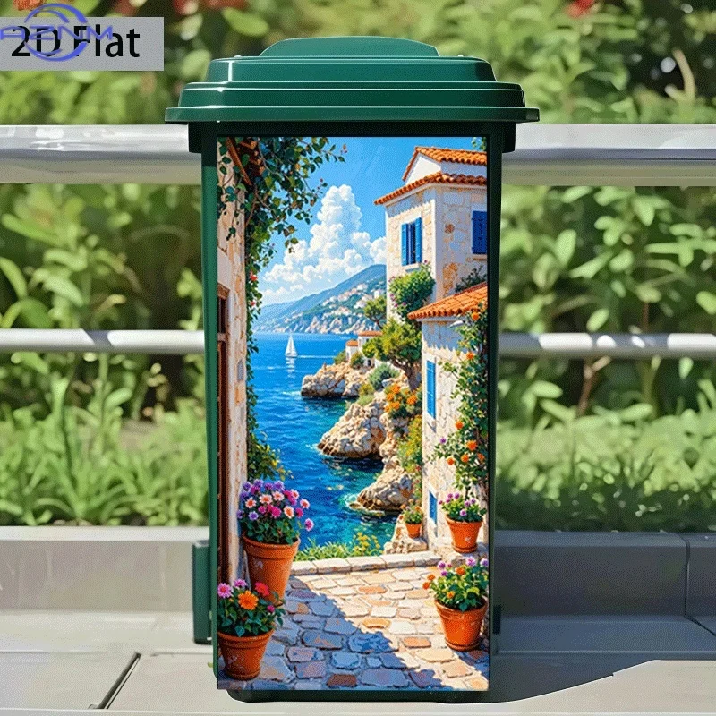 1pc of Trash Can Sticker[37×82 Cm] with a Theme Design of Blue Sea And Red Tiles, Self-Adhesive Wall Decoration Wallpaper for view 2