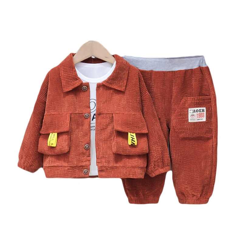 

2022 Spring Autumn new boys baby cute corduroy suit boys full-print long-sleeved three-piece children's fashion sports sui 0-5Y