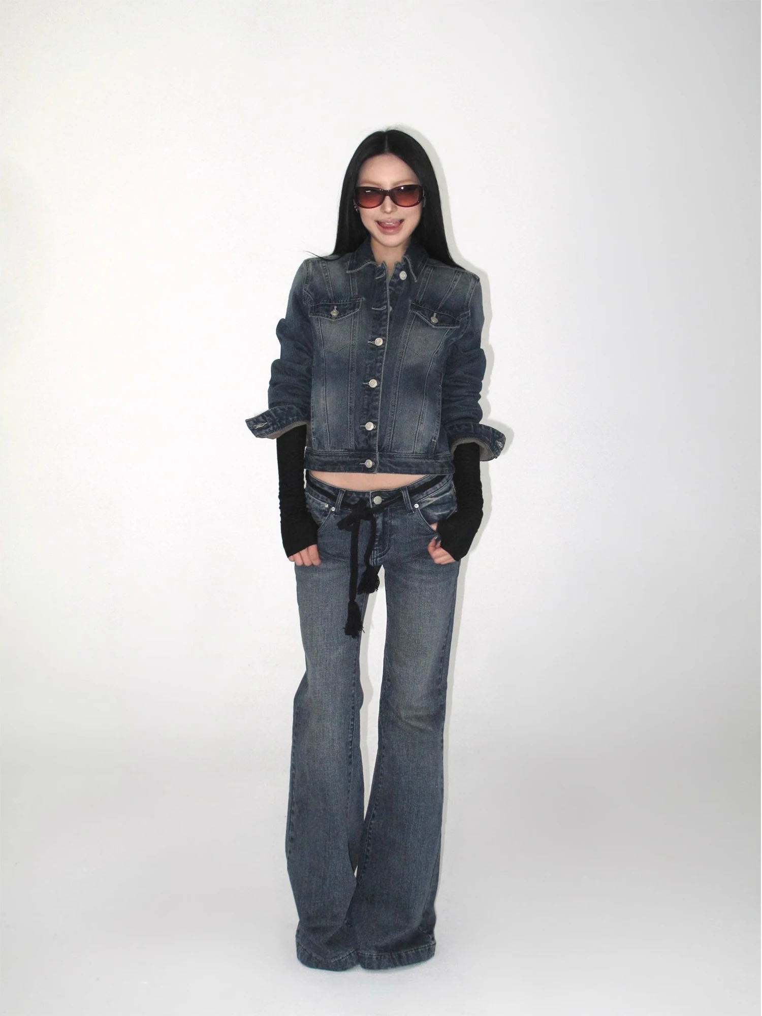 

Винтажный комплект джинсов Waed ort Fit Jaet And Flare Street Sle из смеси хлопка и полиэстера, длинное пальто на пуговицах