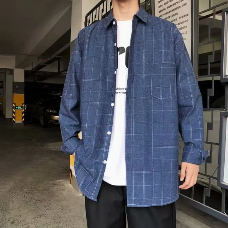 Spring Autumn Plaid Fashion Harajuku Shirt Men Loose Casual Korean Male Clothes Sport All Match Tops Long Sleeve Vintage Blouse