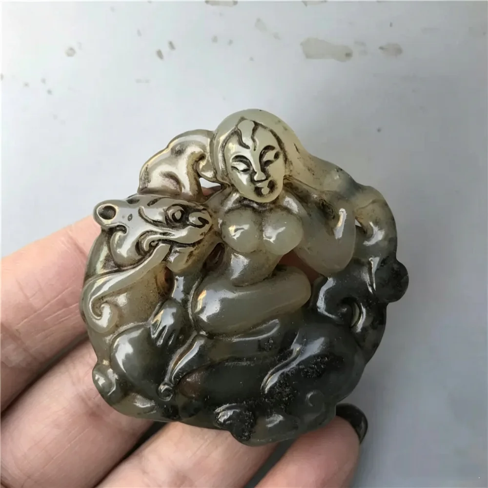Antique Old Xiu Jade Pendant Ancient Carved Beauty and Kirin Jade Amulet Hand Piece Collectible Ornament
