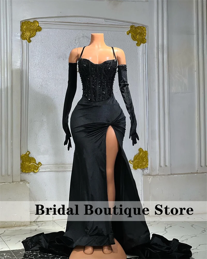 Exquisite Black Evening Dresses With Two Gloves Velvet Beaded Lace Wedding Party Senior Prom Gowns Bridemaid Customized