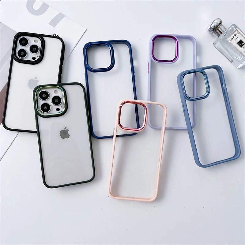 Luxury Silicone Bumper Clear Acrylic Shockproof Case For iPhone 15 14 13 12 11 Pro XS Max X XR 7 8 Plus Metal Camera Ring Cover