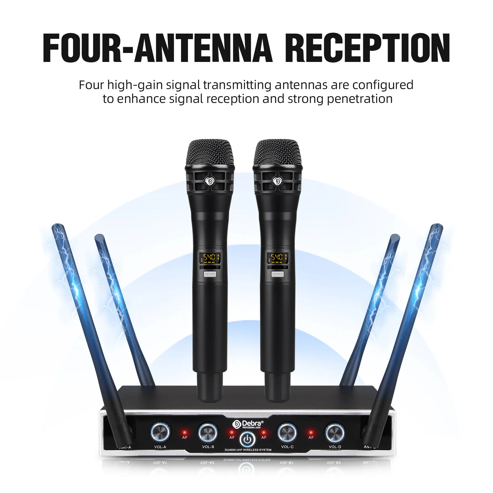 ميكروفون مؤتمرات لاسلكي Debra DU4004 UHF، UHF 4 قنوات، لافالير، سماعة رأس، ميكروفون محمول، للتدريس والكنيسة