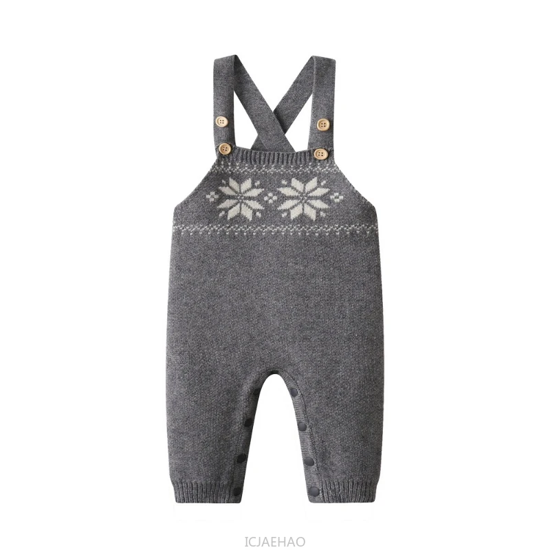 

2025 New Clothes Matching Winter Baby Overalls Thick Snowflake KnitWarm Suspenders Kids Romper Gray Jumpsuit Costume Children