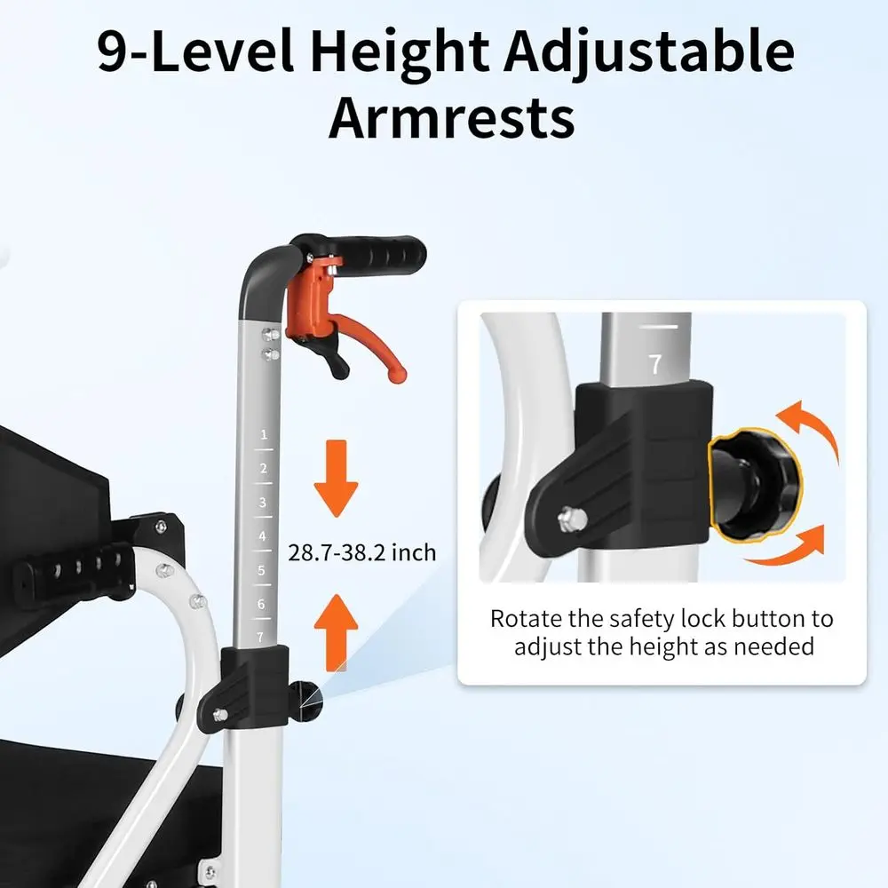 高齢者向けオールインワン折りたたみ式歩行器、軽量アルミニウム製歩行器、人間工学に基づいたデザイン、ホワイト