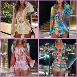 WeHello-Women's Long Sleeve Lacing Tie-dye Print Beach Dresses, Patchwork Slit Bodycon Dress, Club Party