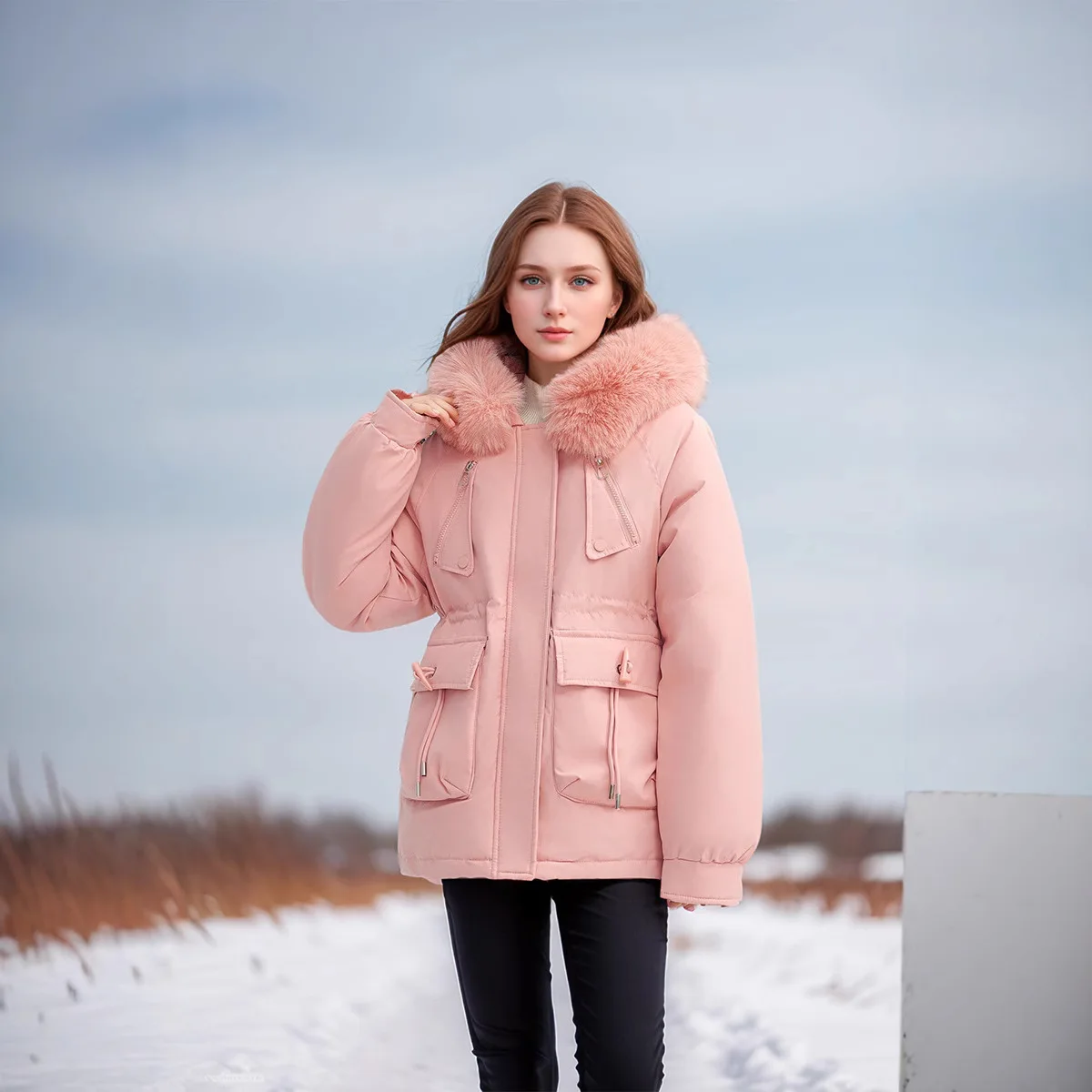 

Spliced Lady's Winter Quilted Jacket ruffled Faux Fur Trimmed Hood Slim Fit Padded Coat For Women Minimalist Short Female's Coat