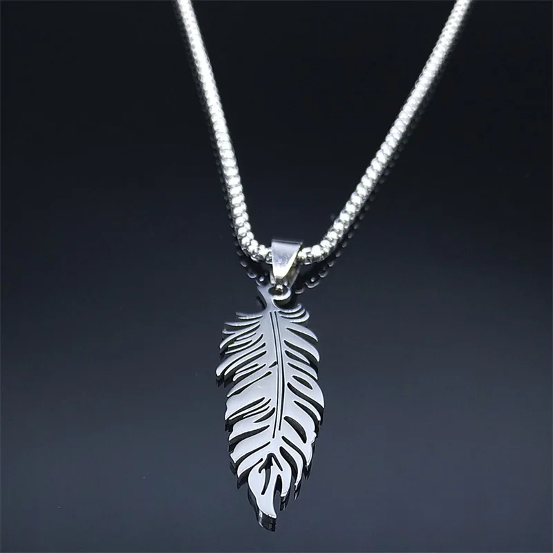 Boho Feather Pendant Male Necklace for Women Men Stainless Steel Silver Color Leaf Chain Jewelry Gift collar hombre N3393S01