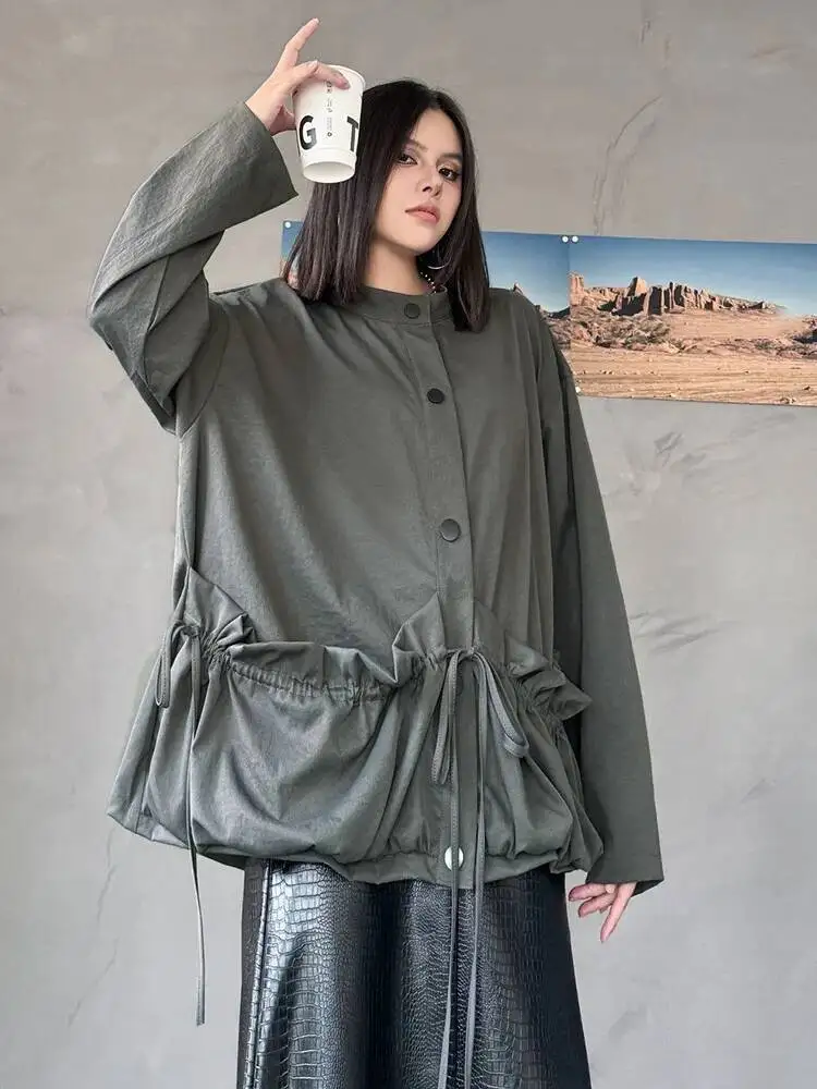 

Gray Waist Drawstring Big Size Jacket New Stand Collar Long Sleeve Women Coat Fashion Tide Spring Autumn