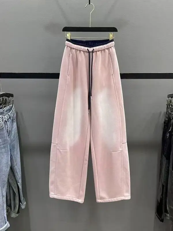 

plus Size High Waist Wide Leg Pants Women's Thiened Autumn Winter Casual Loose Fit Tied Dyeing Slimming Fem Clothing