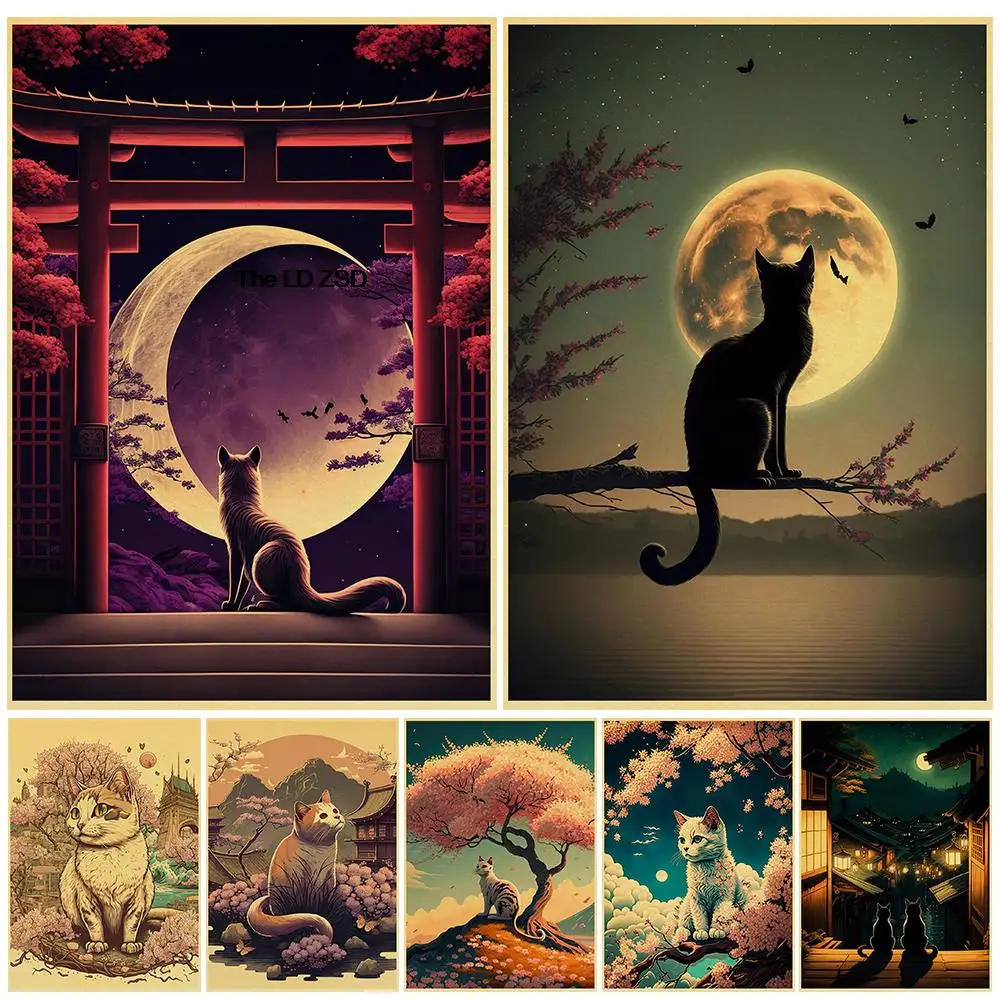 New Anime Cat Cherry Blossom Japan Posters Aesthetic Vintage Kids Room Gift Decoration Living Room Art Poster Bedroom Painting
