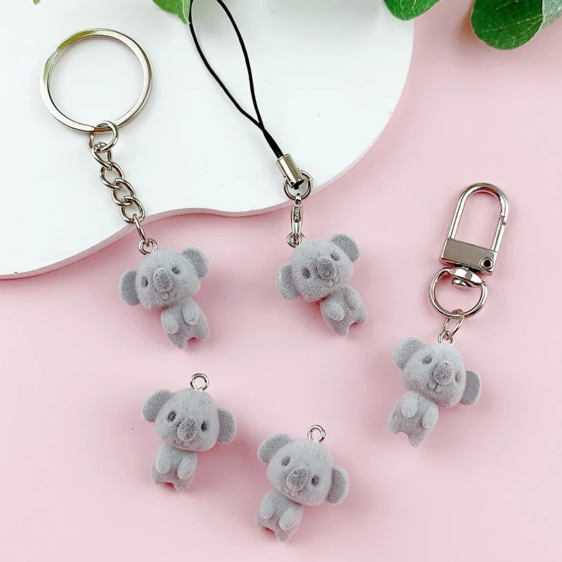 Cartoon 3D Flocking Koala Pendant Cute Animal Phone Lanyard Keychain Bag Charms Backpack Hanging Decoration Car Key Holder