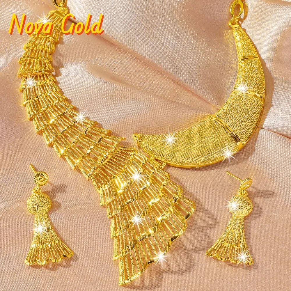 

NovaGlod Dubai 24K Golden Phoenix Tail Necklace Earrings Wedding Set Cross-border AU9999 Fashion Heavy Industry Jewelry Set Wome