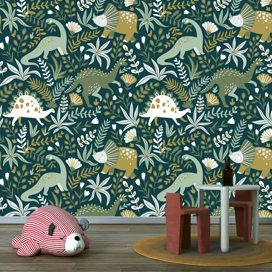 Custom Easy to Apply Self Adhesive Wallpaper for Bedroom Decoration Kids Baby Wall Papers Home Decor Animal White Dinosaur Mural