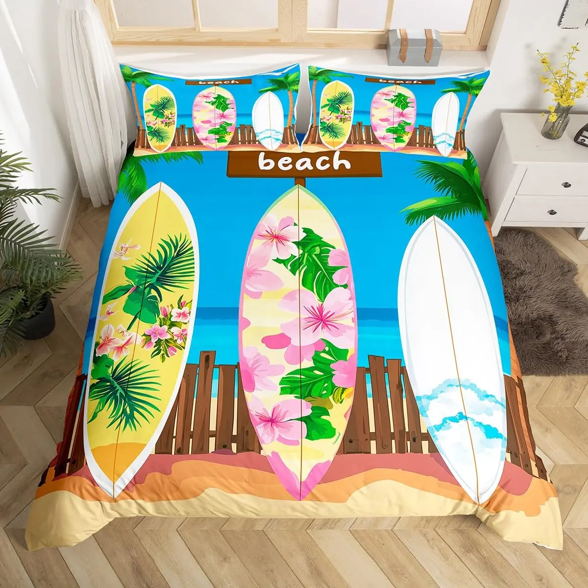 Kids Surfboard Duvet Cover Twin Queen Hawaii Ocean Surfing Bedding Set Boys Teens Men Sea Coastal Flower Decor Comforter Cover