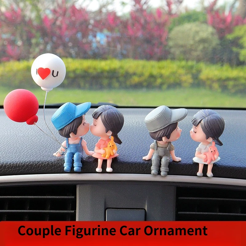 Cute Couple Figurine Car Dashboard Ornament, Mini Lover Statue with Balloon Auto Interior Decor
