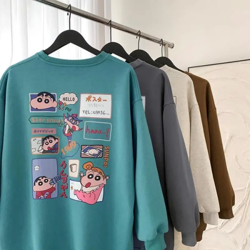 New Kawaii Cute Crayon Shin-Chan Oversize Long Sleeved Tops Hoodies Autumn Winter Round Neck Tops Cartoon Print Gift for Girls