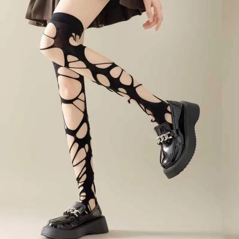 Broken Hole Sexy Stockings Black Thin Pantyhose Punk Gothic Irregular Y2K Socks Women Over Knee Leggings Tight Pantyhose