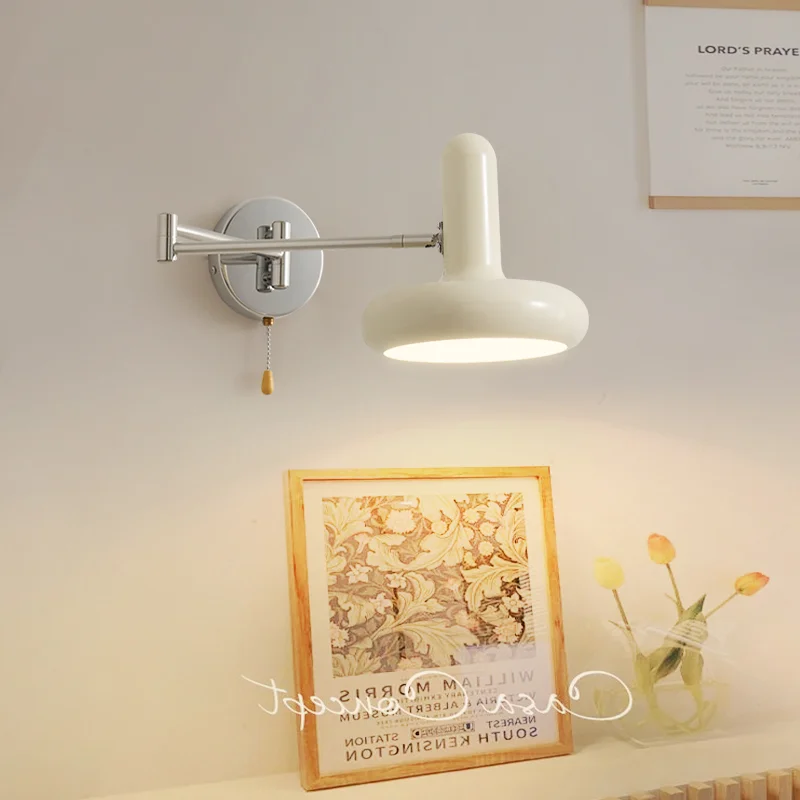 Adjustable White Wall Lamp Swing Arm Bedroom Bedside Living Room Multifunctional LED Light Retractable Hardwired Study Reading