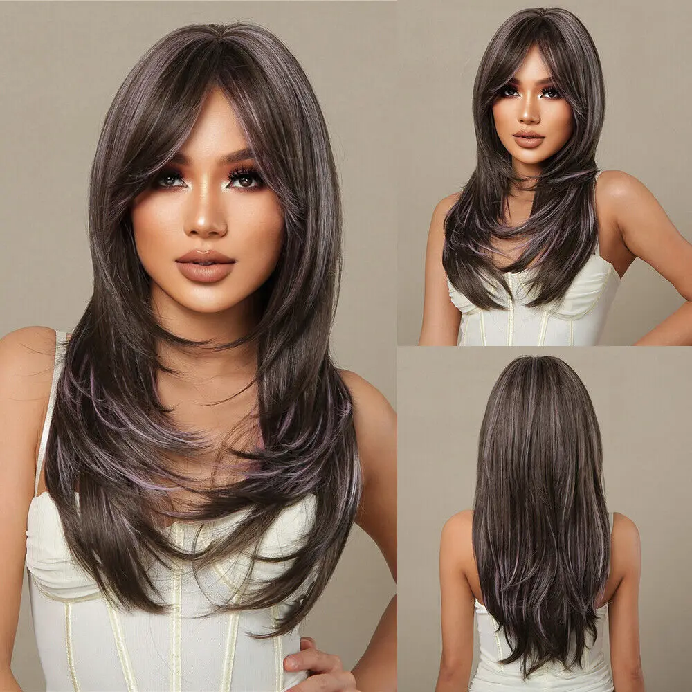 Dark Brown Mixed Purple 23 Inch Synthetic Wigs with Bangs Long Straight Wigs US