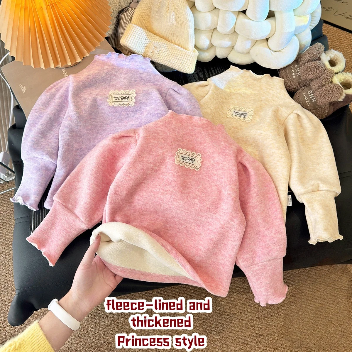 

Girls Fleece Lined Mock Neck Top with Ruffle Cuffs Thermal Winter Blouse Children's Warm Base Layer