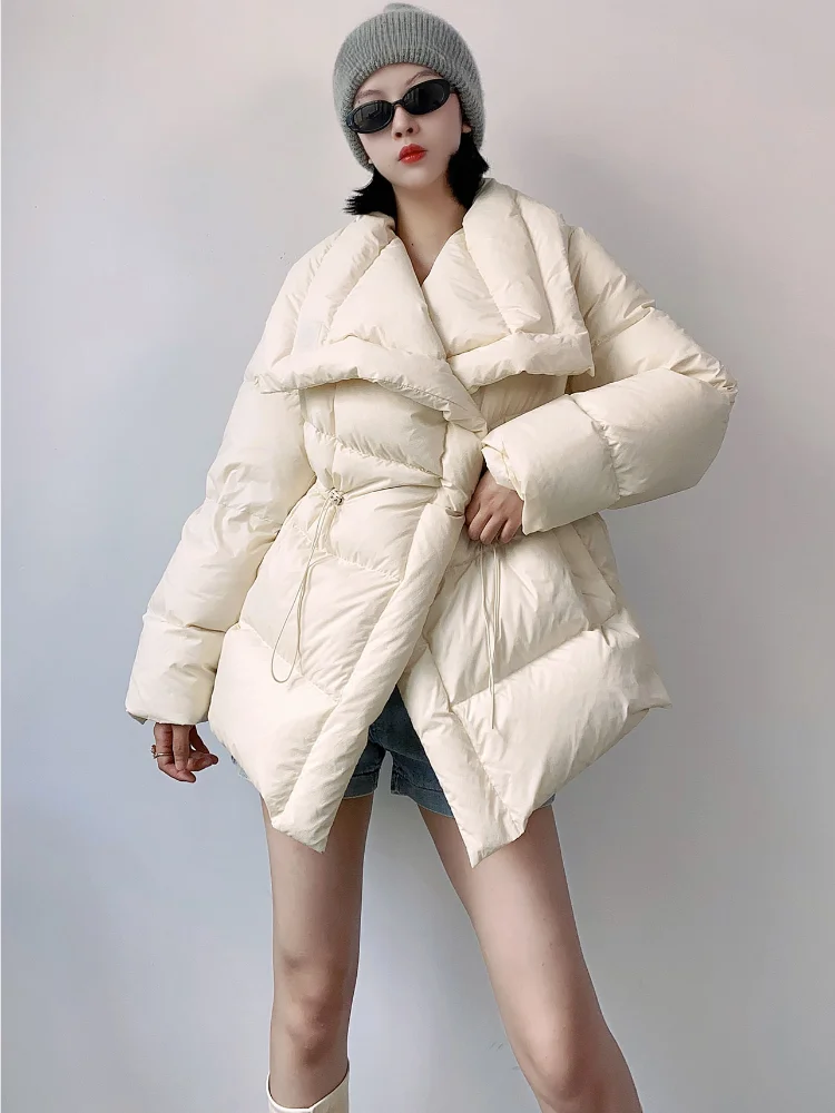 Women\'s Winter Coats White Duck Down Thick Warm Down Jackets Fashion Elegant Large Lapel Collar Tie Waist Short Coats Women