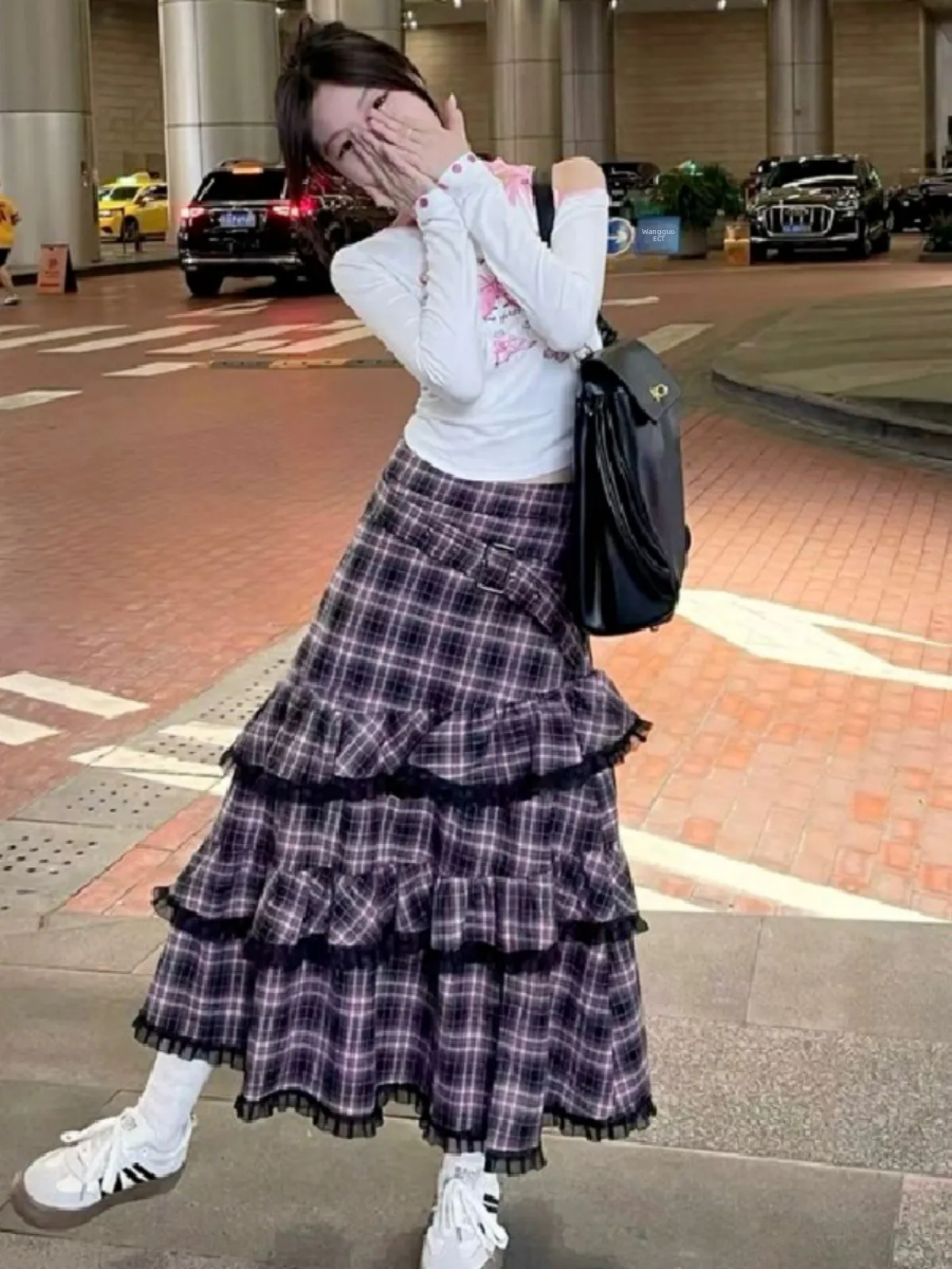 

Зимняя длинная юбка в клетку для девочек, фиолетовая, А-силуэт, с асимметричным подолом, в клетку «гингем», в пол, повседневная, в стиле «зонтик»